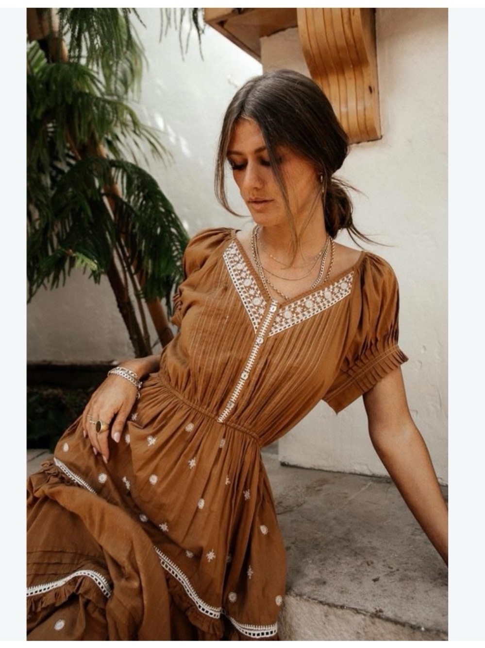 Boho Embroidered Tiered Maxi Dress - Brown